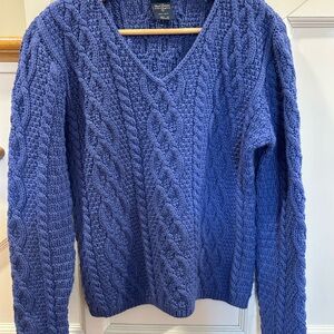 Paul James England 100% Wool Cable Knit Sweater Womens M Cerulean Blue Fisherman